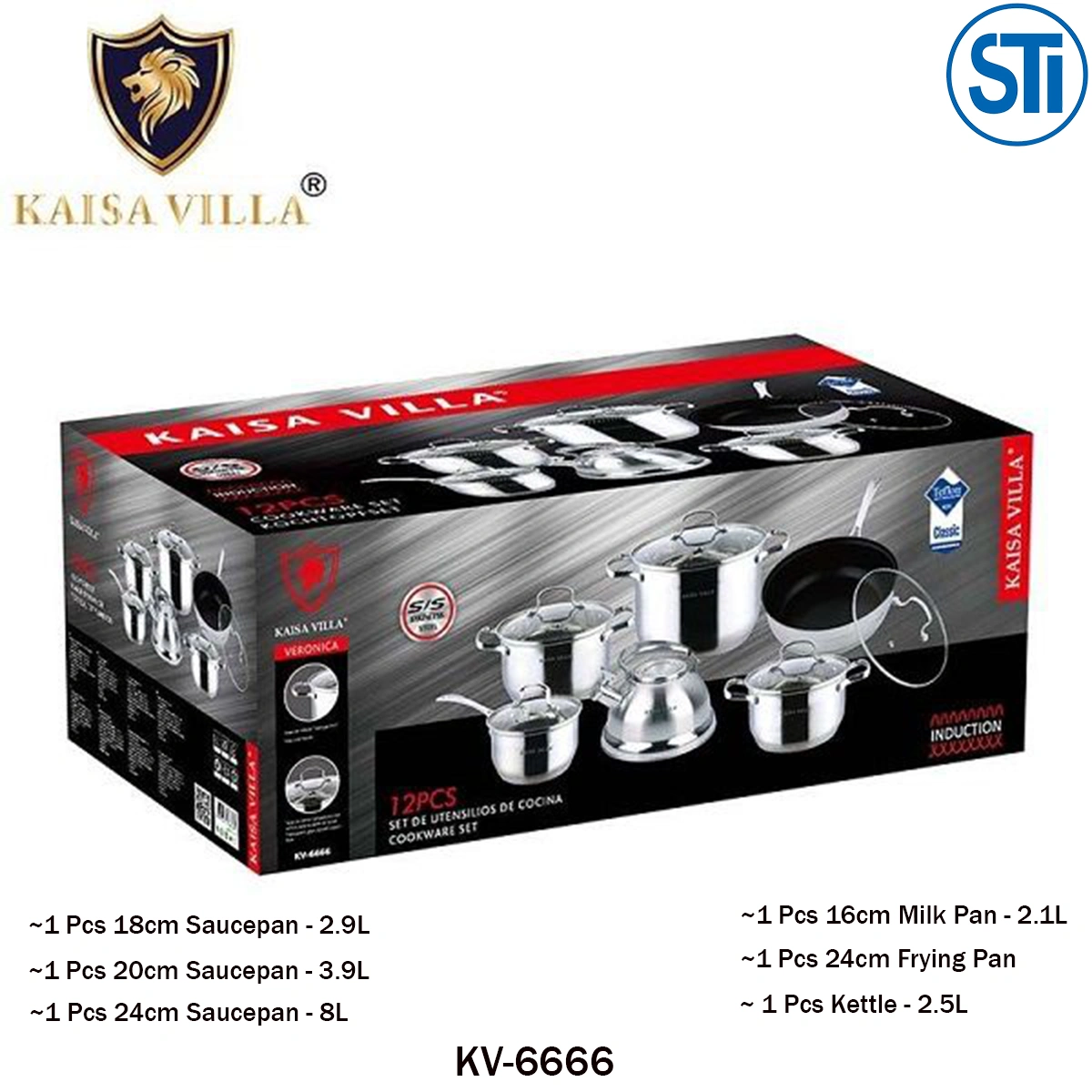 Kaisa Villa 12pcs Stainless Steel Cookware Set with Lid KV-6666